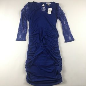NWT MOTHERHOOD Maternity blue long sleeved lace dress. Stretchy. size small